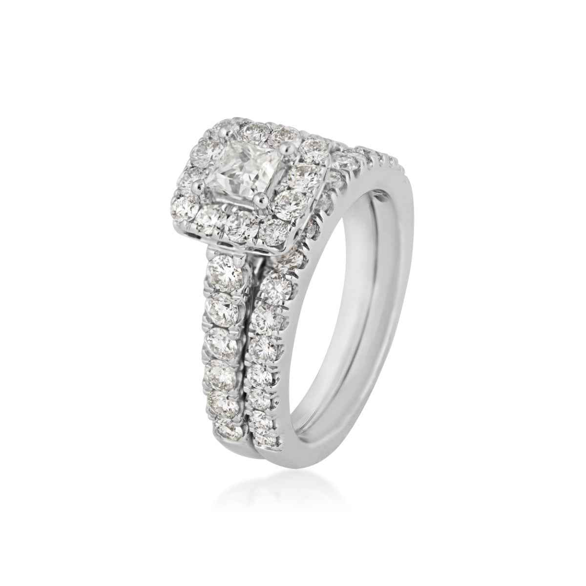 Natural 2 ct. tw. Princess Cut Diamond Halo Wedding Set in 14K White Gold front view