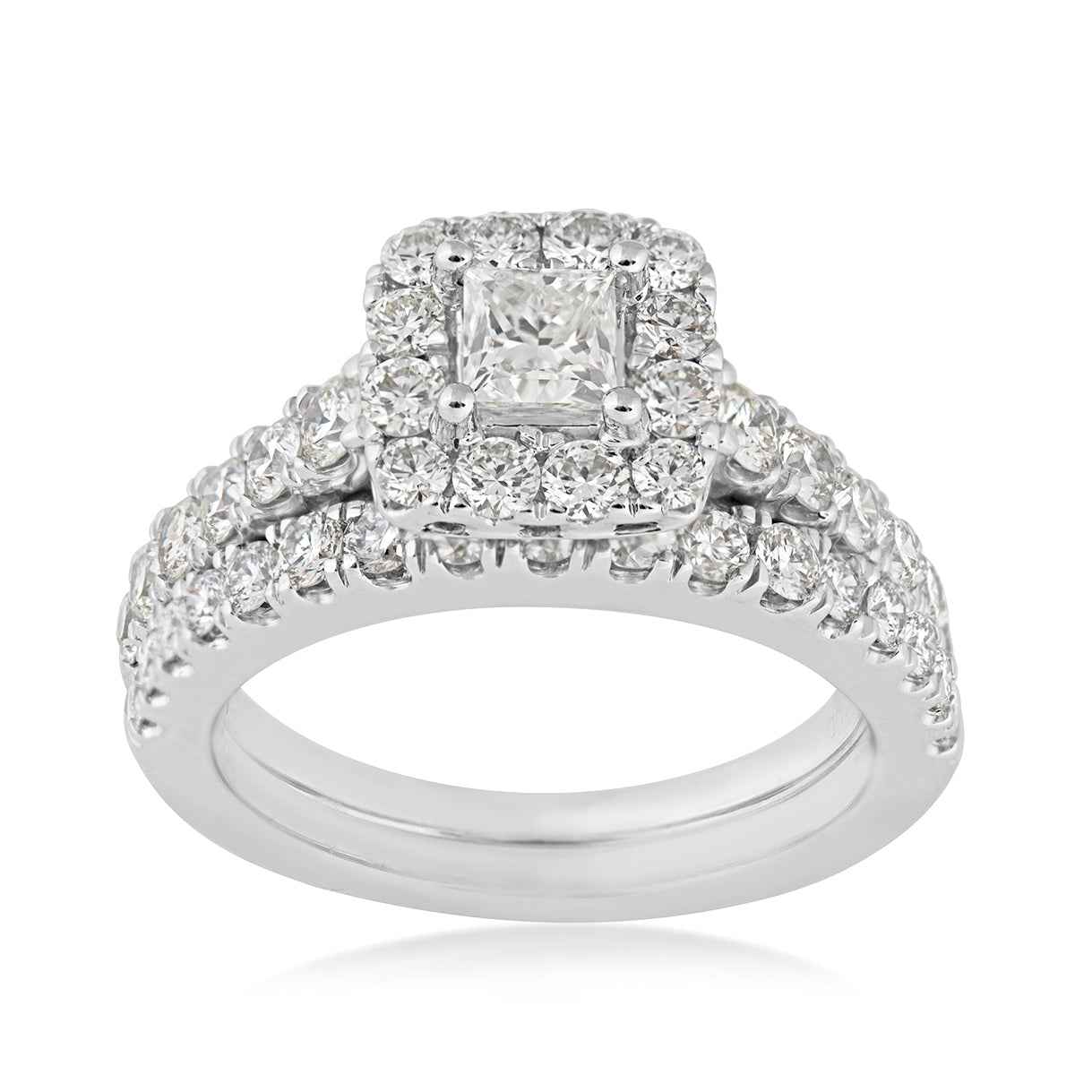 Natural 2 ct. tw. Princess Cut Diamond Halo Wedding Set in 14K White Gold
