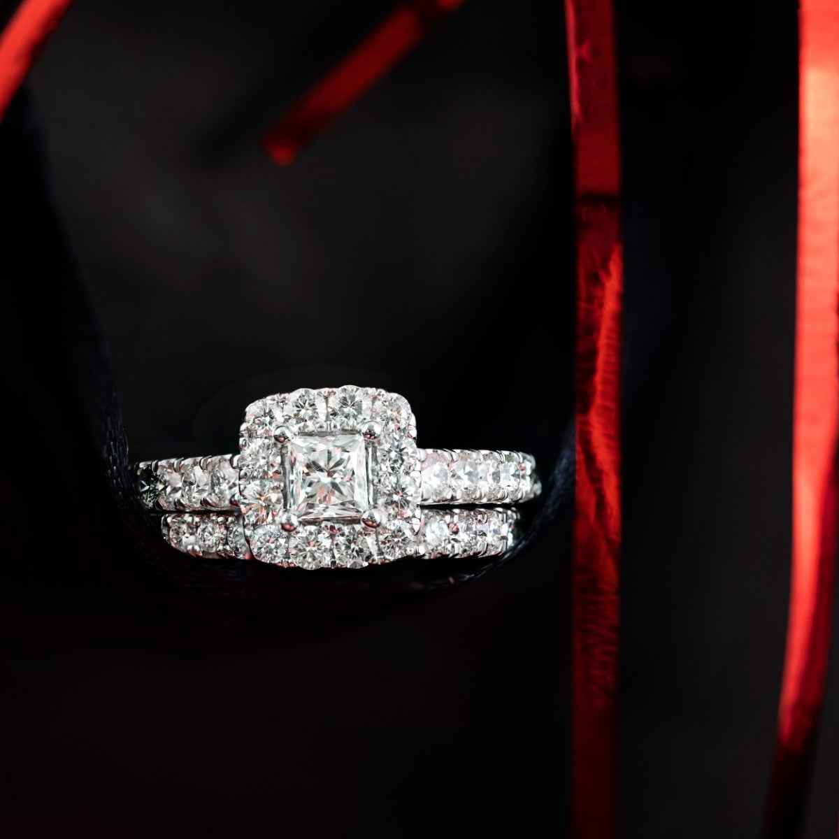 Natural 2 ct. tw. Princess Cut Diamond Halo Wedding Set in 14K White Gold side profile