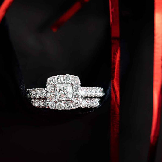 Natural 2 ct. tw. Princess Cut Diamond Halo Wedding Set in 14K White Gold side profile