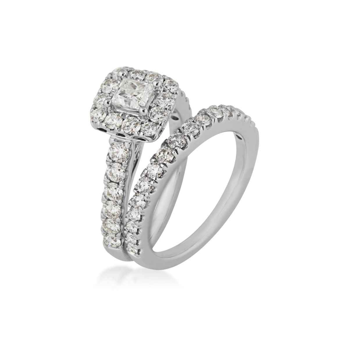 Natural 2 ct. tw. Princess Cut Diamond Halo Wedding Set in 14K White Gold close-up detail
