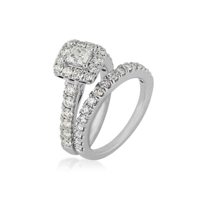 Natural 2 ct. tw. Princess Cut Diamond Halo Wedding Set in 14K White Gold close-up detail