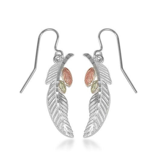 Black Hills Gold Feather Dangle Earrings in Sterling Silver