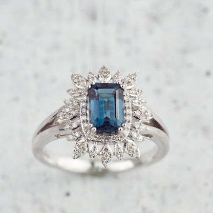 Emerald Cut London Blue Topaz & 1/5 ct. tw. Diamond Starburst Halo Ring 10K White Gold full view