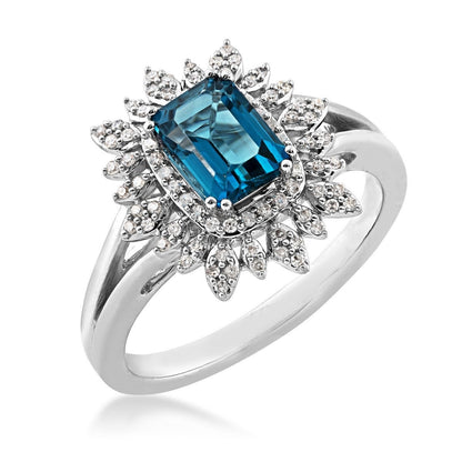 Emerald Cut London Blue Topaz & 1/5 ct. tw. Diamond Starburst Halo Ring 10K White Gold front view