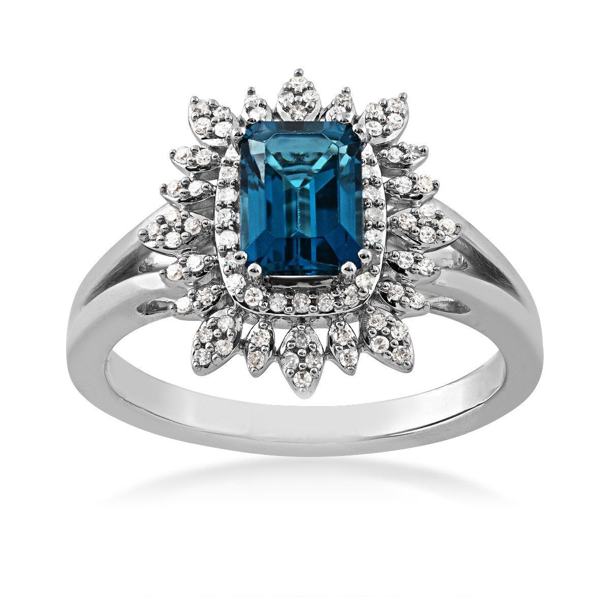 Emerald Cut London Blue Topaz & 1/5 ct. tw. Diamond Starburst Halo Ring 10K White Gold
