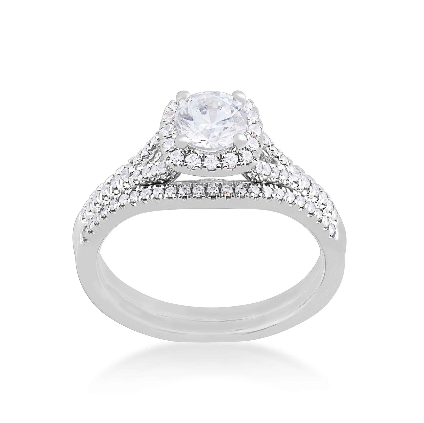 Natural 1-1/10 ct. tw. Round Diamond Halo Split Shank Wedding Set in 14K White Gold