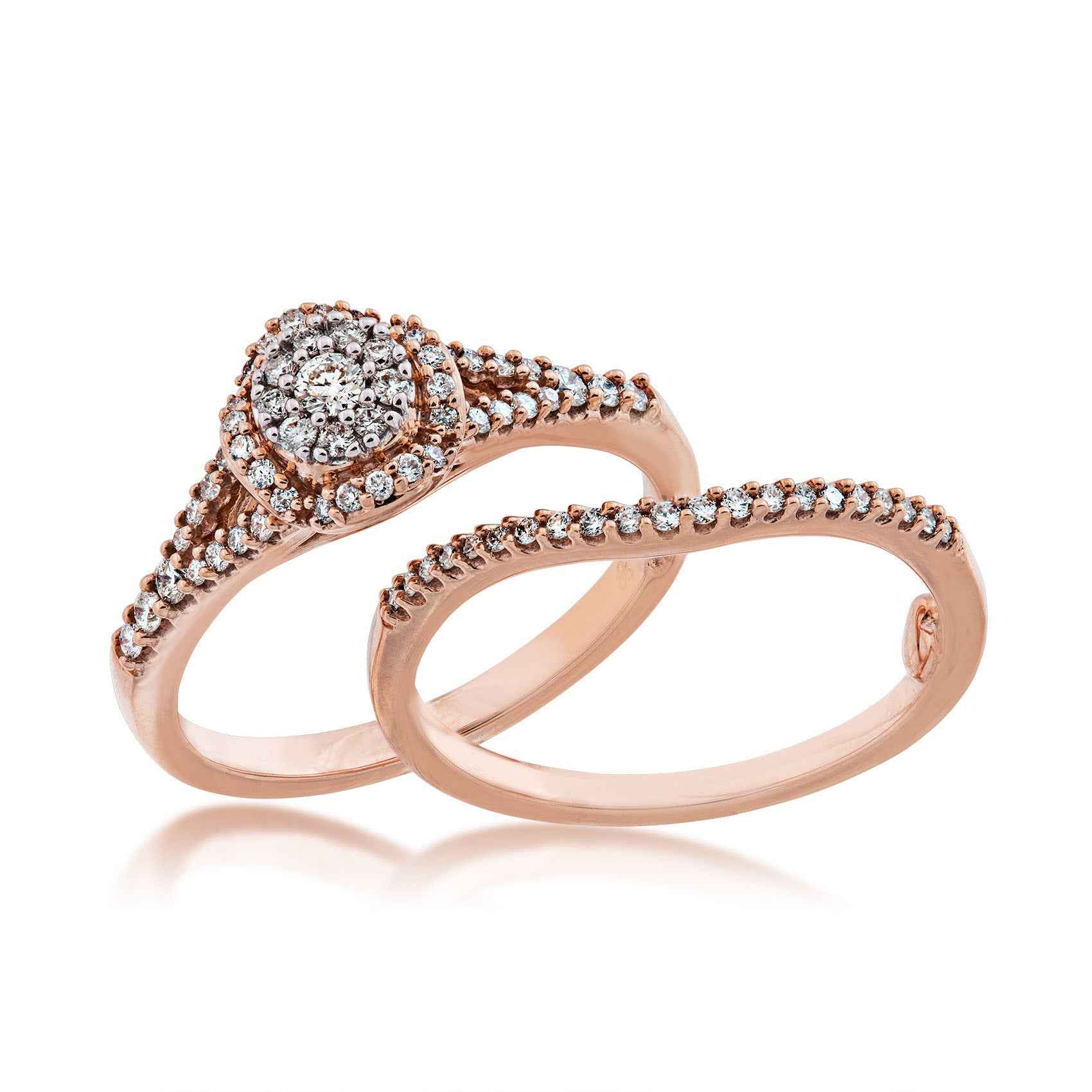 True Promise 3/8 ct. tw. Diamond Cluster Halo Wedding Set with Split Shank Band in 10K Pink Gold close-up detail