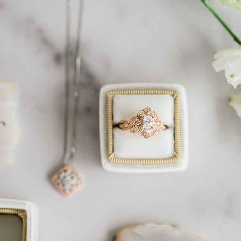 Elegance Collection 7/8 ct. tw. Oval Vintage-Inspired Wedding Set with Milgrain Detailing in 14K Pink Gold side profile