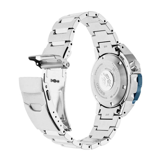Seiko Men's Prospex Padi Automatic Stainless Steel Watch with Black Dial close-up detail
