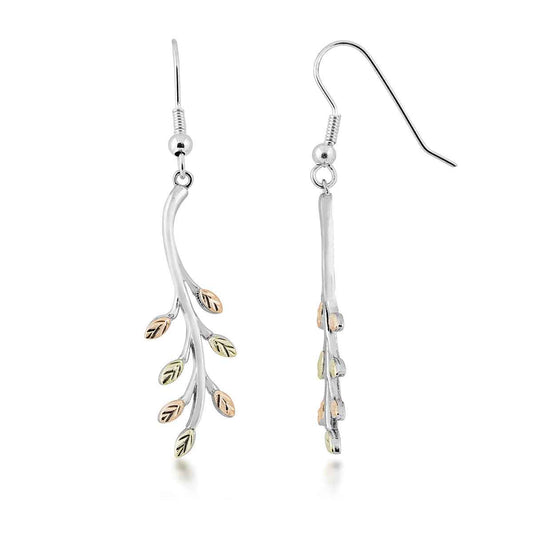 Black Hills Gold Pink & Green Leaf Hanging Branch Dangle Earrings in Sterling Silver