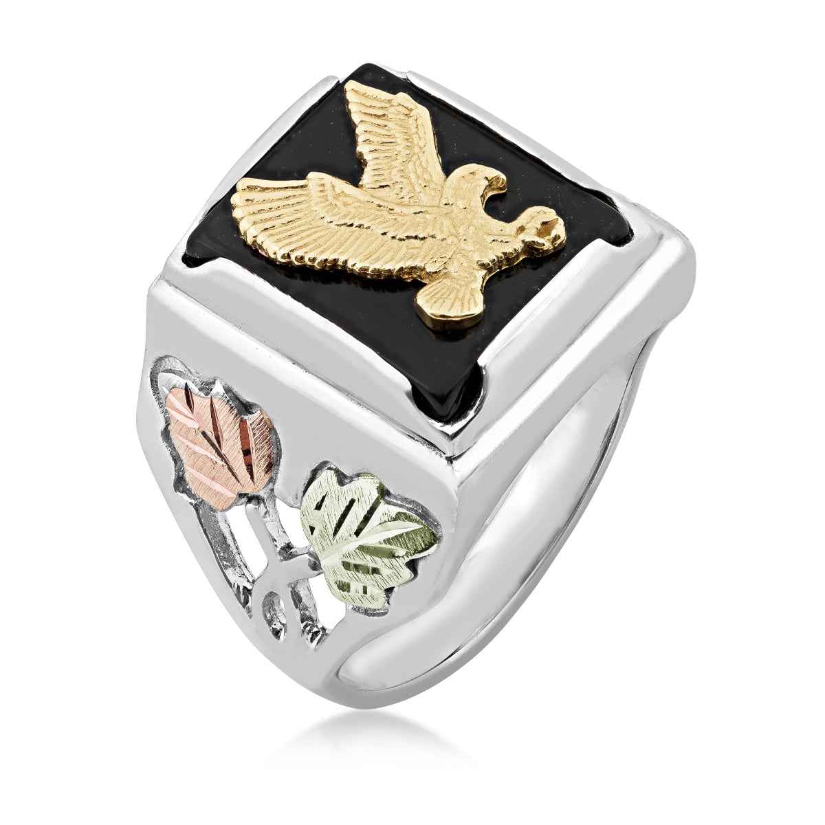 Black Hills Gold Men's Rectangle Onyx & Eagle Ring in Sterling Silver & 10K Yellow Gold front view
