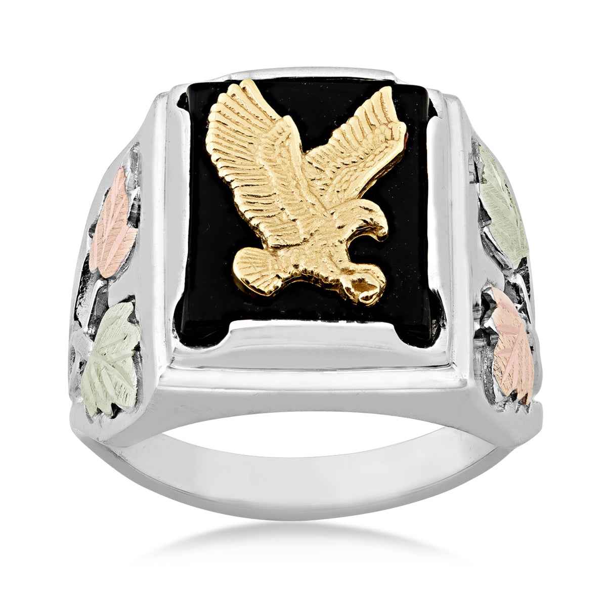 Black Hills Gold Men's Rectangle Onyx & Eagle Ring in Sterling Silver & 10K Yellow Gold