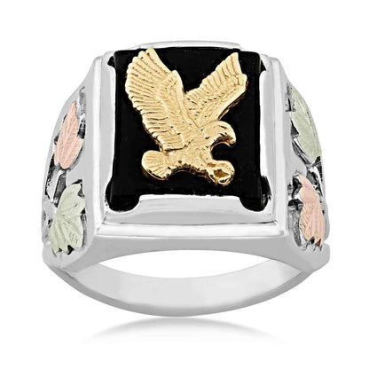 Black Hills Gold Men's Rectangle Onyx & Eagle Ring in Sterling Silver & 10K Yellow Gold