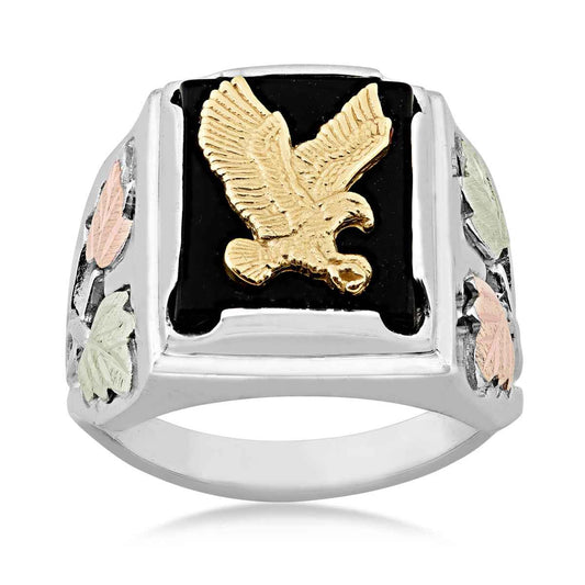 Black Hills Gold Men's Rectangle Onyx & Eagle Ring in Sterling Silver & 10K Yellow Gold