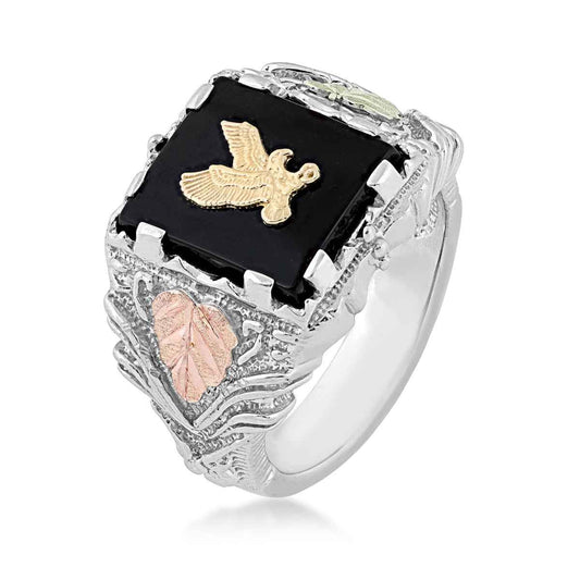 Black Hills Gold Men's Rectangle Onyx & Textured Eagle Ring in Sterling Silver & 10K Yellow Gold front view