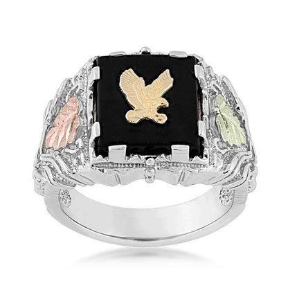 Black Hills Gold Men's Rectangle Onyx & Textured Eagle Ring in Sterling Silver & 10K Yellow Gold