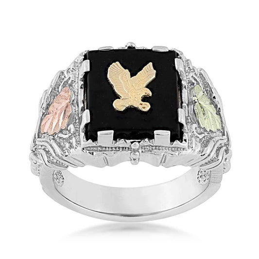 Black Hills Gold Men's Rectangle Onyx & Textured Eagle Ring in Sterling Silver & 10K Yellow Gold