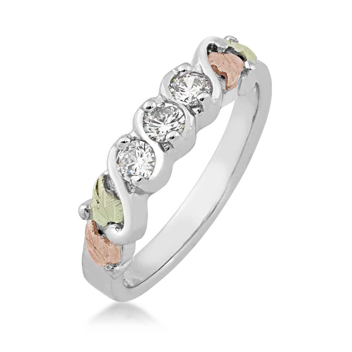 Black Hills Gold Round 3-Stone Cubic Zirconia Four Leaf Anniversary Ring in Sterling Silver front view