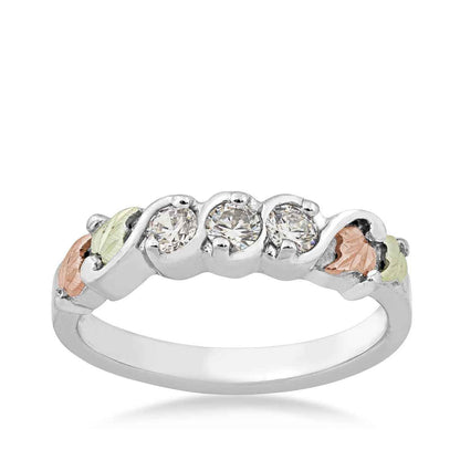 Black Hills Gold Round 3-Stone Cubic Zirconia Four Leaf Anniversary Ring in Sterling Silver