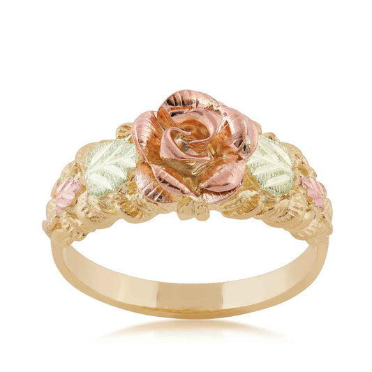 Black Hills Gold Green & Pink Leaf Textured Rose Ring in 10K Yellow Gold