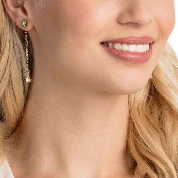Swarovski OZ Collection White and Green Crystal Dangle Earrings in Yellow Gold Plating front view