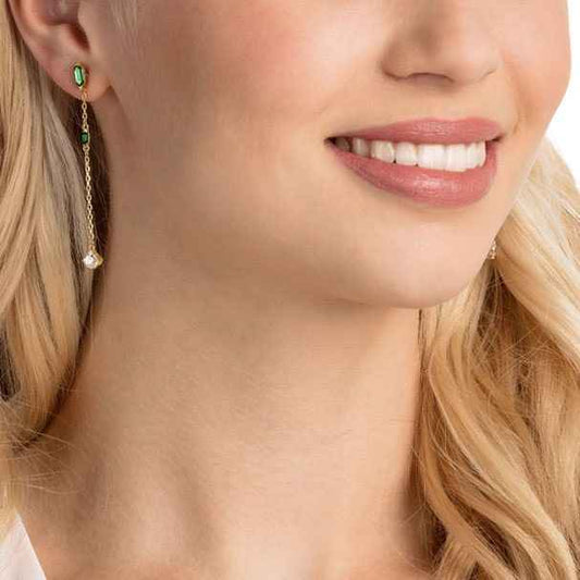 Swarovski OZ Collection White and Green Crystal Dangle Earrings in Yellow Gold Plating front view