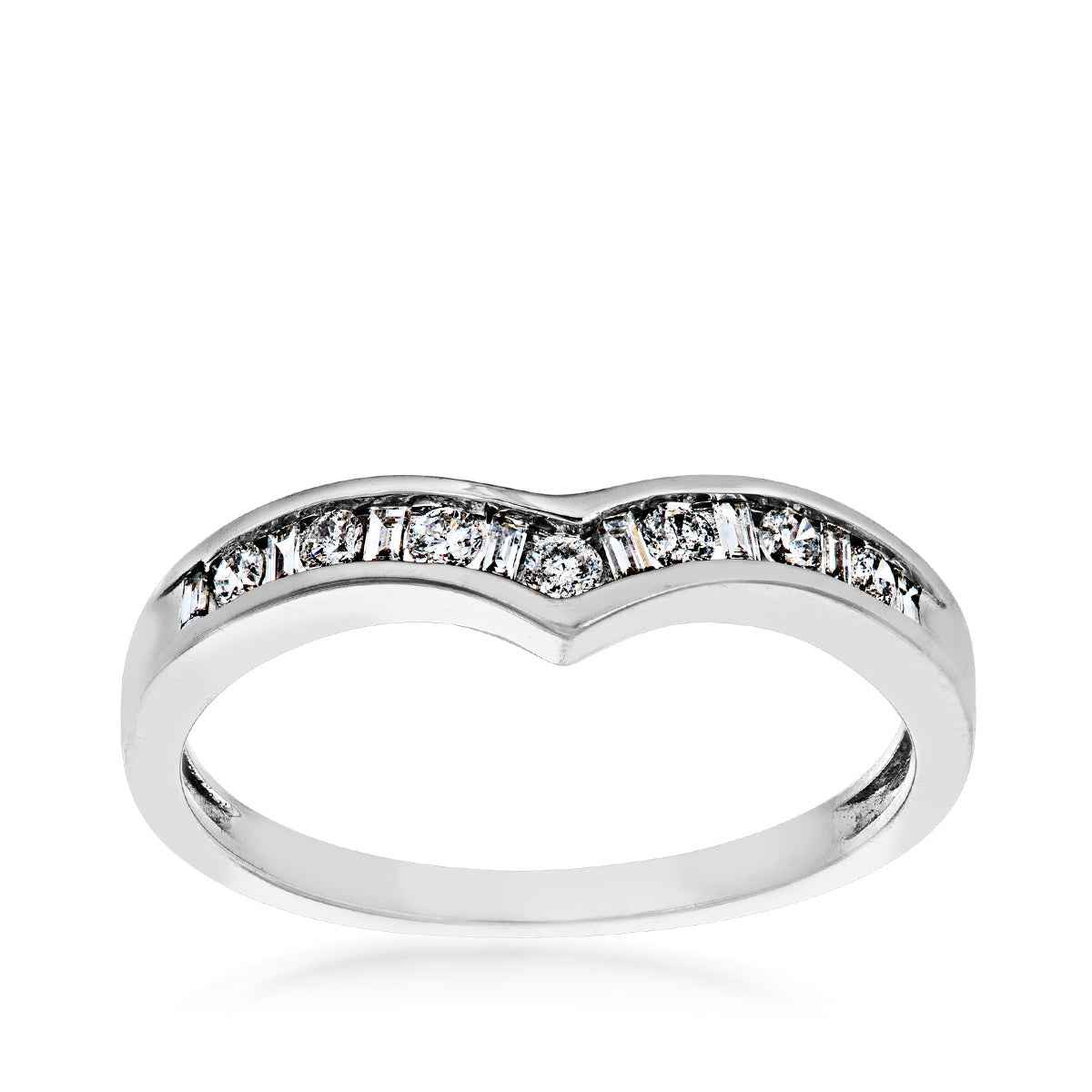 1/4 ct. tw. Round & Straight Baguette Diamond Chevron Style Anniversary Band in 14K White Gold
