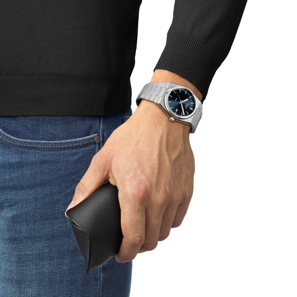 Tissot Men's PRX Stainless Steel Watch with Blue Dial close-up detail