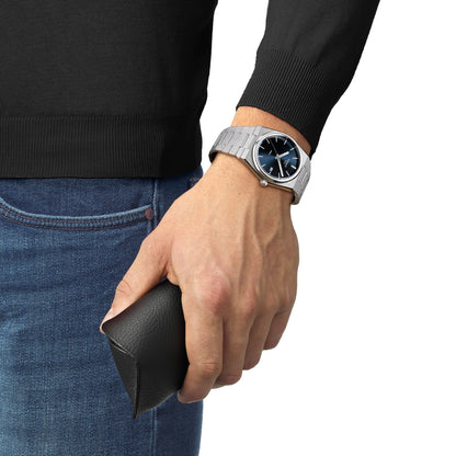 Tissot Men's PRX Stainless Steel Watch with Blue Dial close-up detail