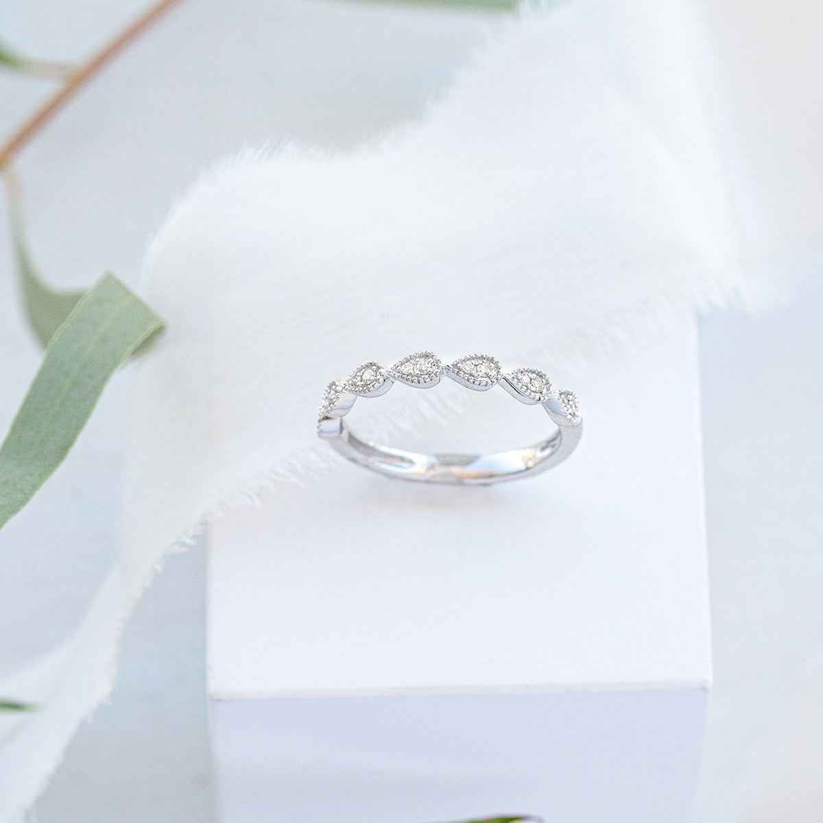 Perfect Match .08 ct. tw. Diamond Stackable Anniversary Ring with Tear Drop Shaped Detailing in 10K White Gold front view