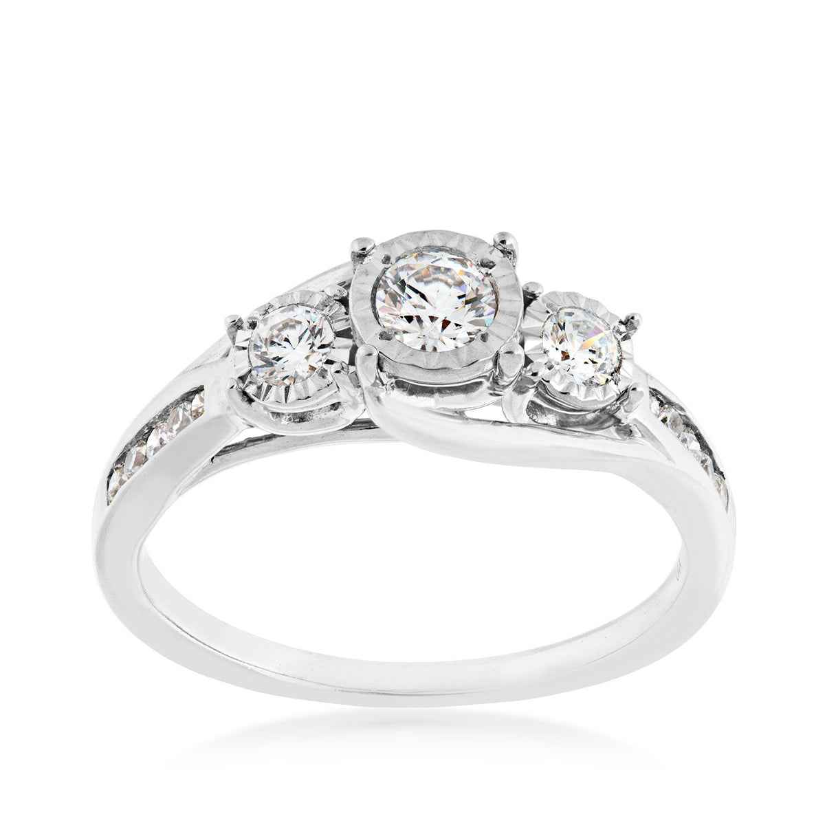 1/2 ct. tw. 3-Stone Diamond Anniversary Ring with Miracle Plating and Round Channel-Set Diamond Band in 10K White Gold