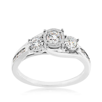 1/2 ct. tw. 3-Stone Diamond Anniversary Ring with Miracle Plating and Round Channel-Set Diamond Band in 10K White Gold