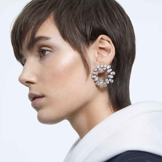 Swarovksi Millenia Pear White Crystal Circle Earrings in White Rhodium Plating front view