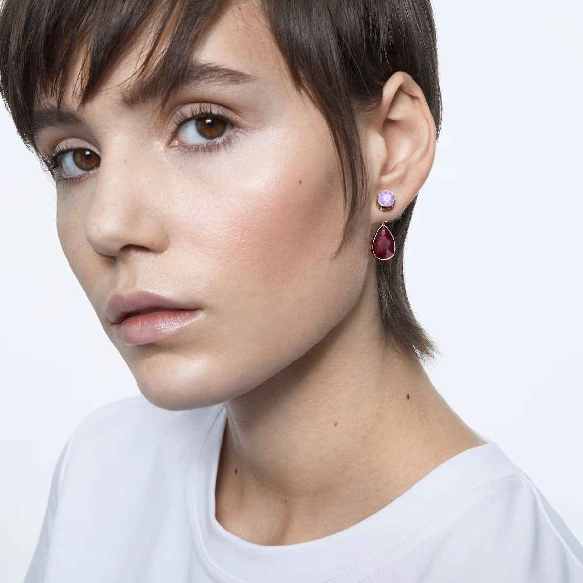 Swarovski Chroma Pear & Round Purple & Red Crystal Dangle Earrings in Yellow Gold-Tone Plating front view
