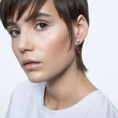 Swarovski Chroma Pear & Round Purple & Red Crystal Dangle Earrings in Yellow Gold-Tone Plating front view