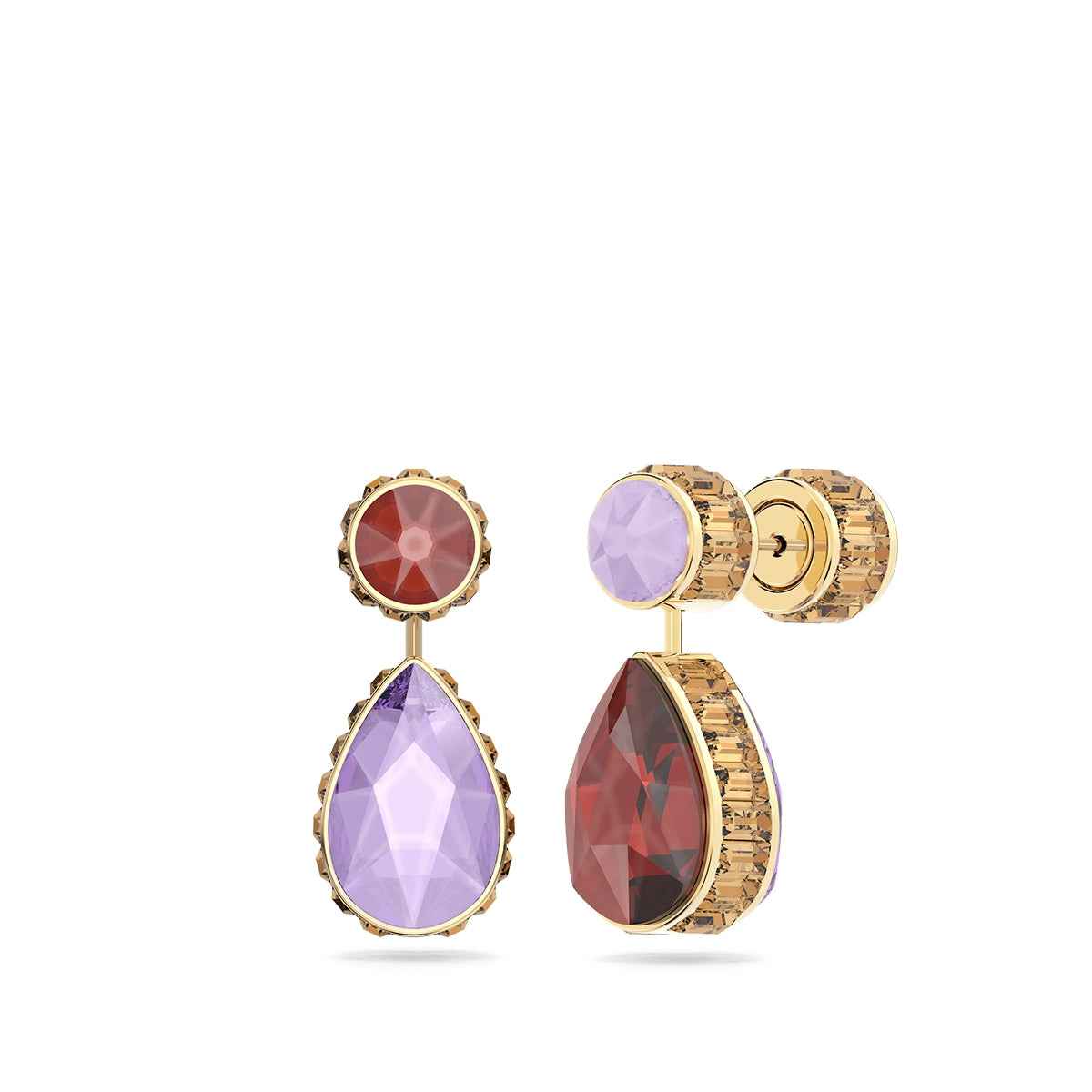 Swarovski Chroma Pear & Round Purple & Red Crystal Dangle Earrings in Yellow Gold-Tone Plating