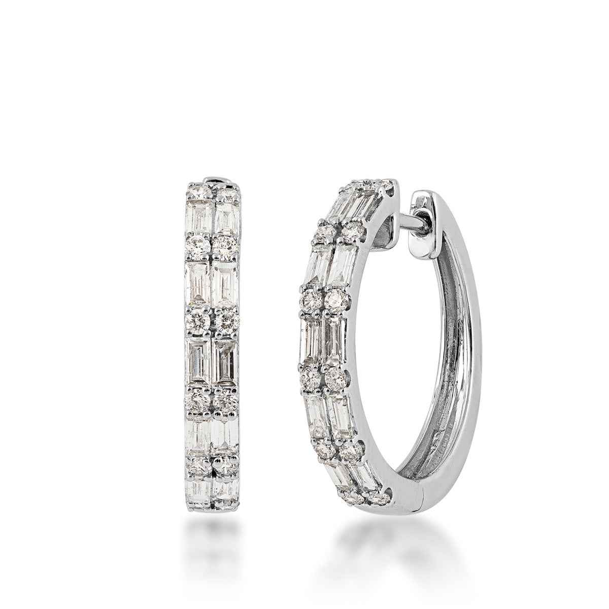 1 ct. tw. Baguette and Round Diamond Double Row Hoop Earrings in 14K White Gold