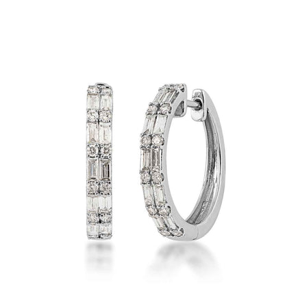 1 ct. tw. Baguette and Round Diamond Double Row Hoop Earrings in 14K White Gold