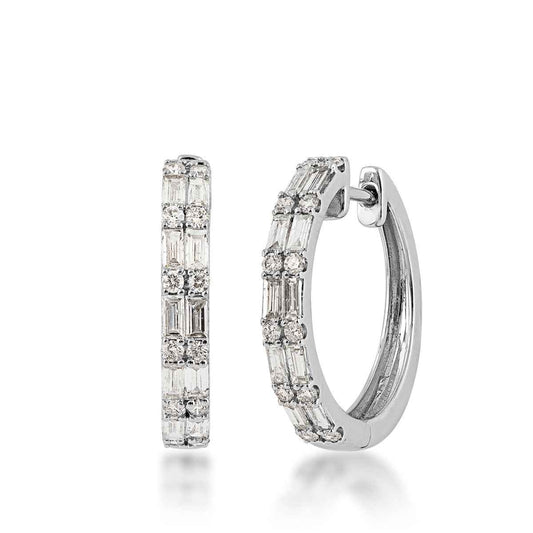 1 ct. tw. Baguette and Round Diamond Double Row Hoop Earrings in 14K White Gold