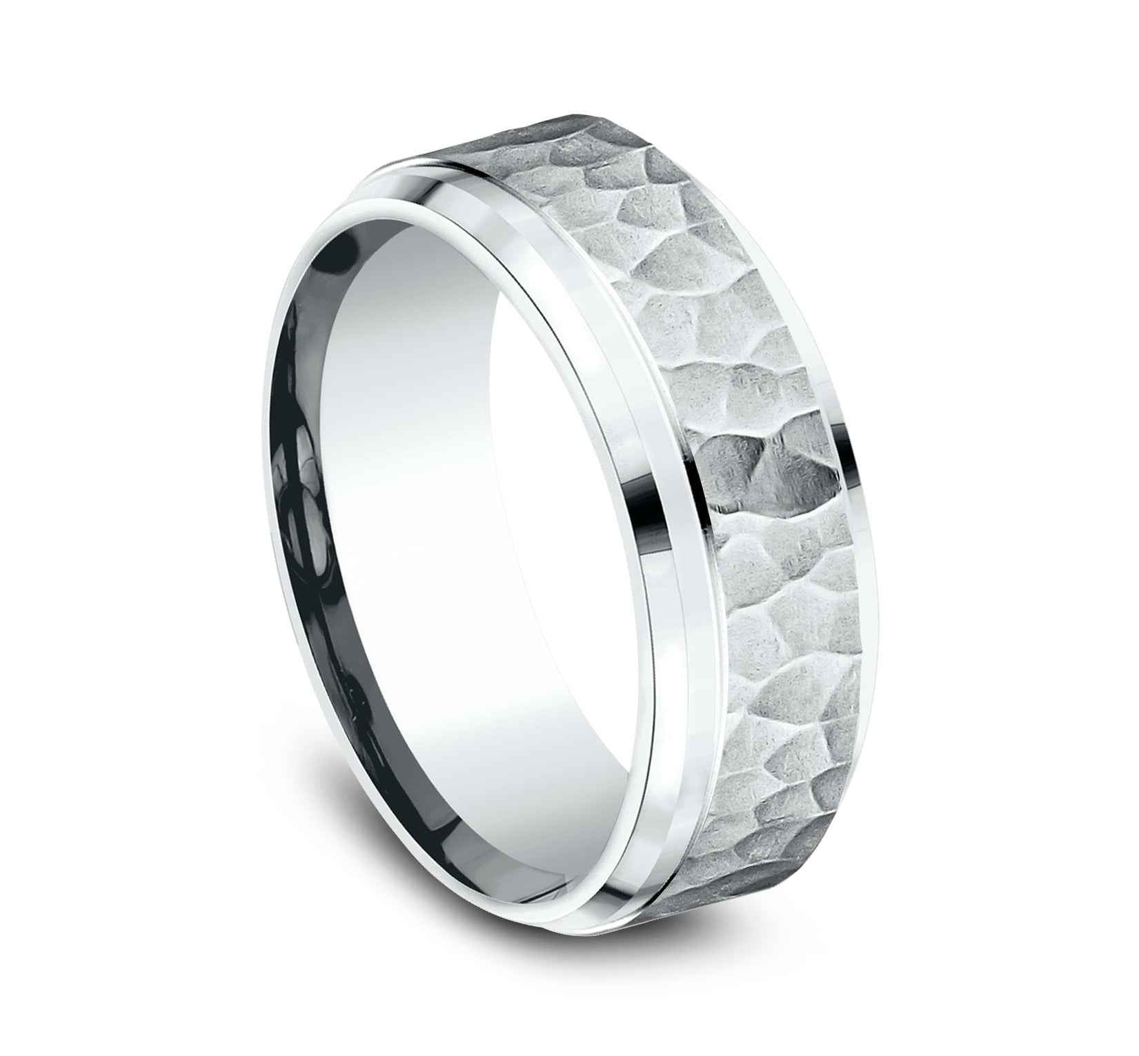 Benchmark Men's 8mm Wedding Band with Hammered Design in 10K White Gold front view