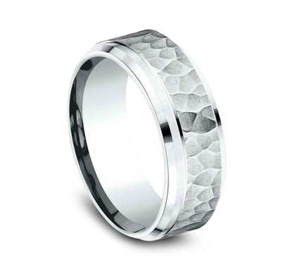 Benchmark Men's 8mm Wedding Band with Hammered Design in 10K White Gold front view