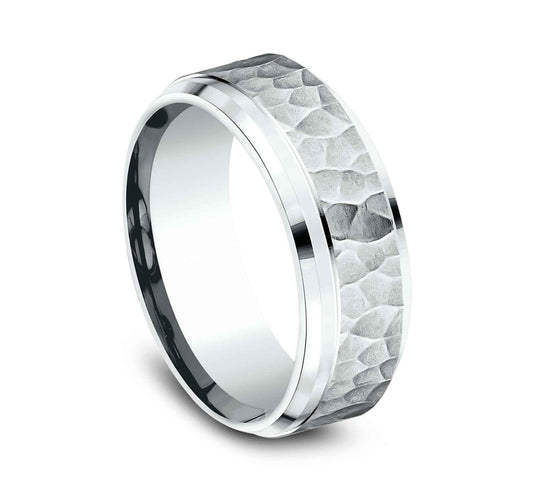 Benchmark Men's 8mm Wedding Band with Hammered Design in 10K White Gold front view