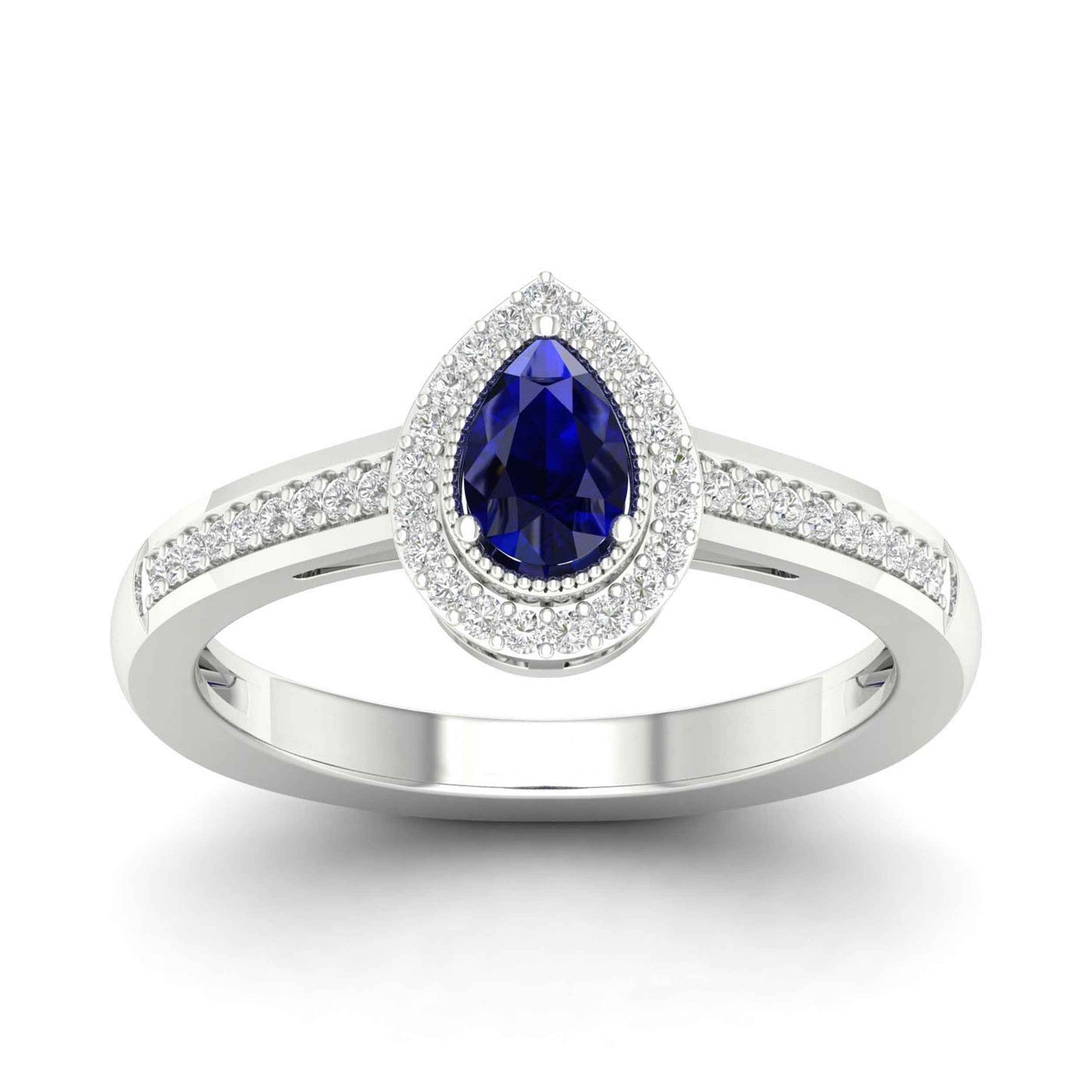 Blue Pear-Shaped Sapphire and 1/8 ct. tw. Diamond Halo Ring with Milgrain and Filigree Design in 10K White Gold