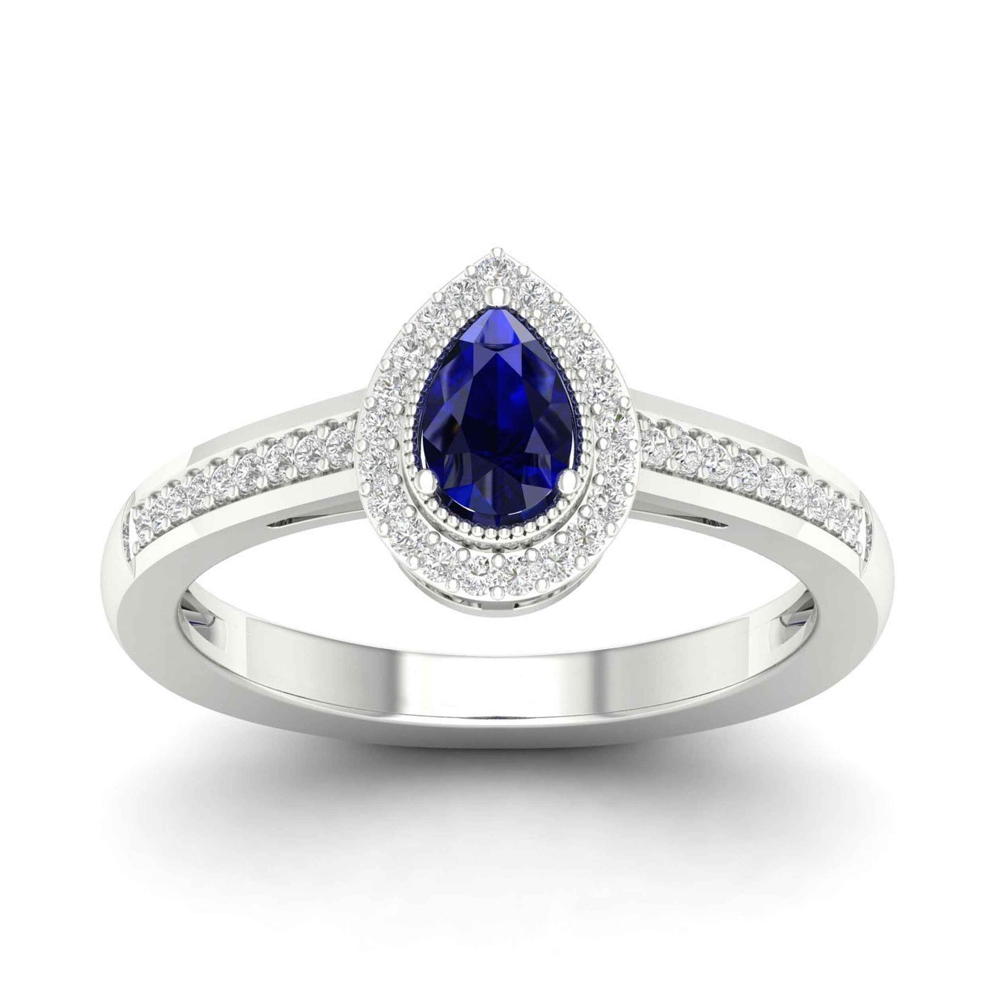 Blue Pear-Shaped Sapphire and 1/8 ct. tw. Diamond Halo Ring with Milgrain and Filigree Design in 10K White Gold