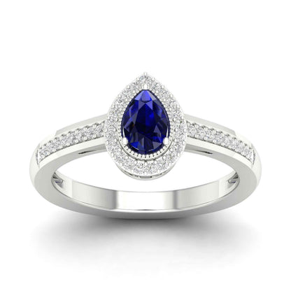 Blue Pear-Shaped Sapphire and 1/8 ct. tw. Diamond Halo Ring with Milgrain and Filigree Design in 10K White Gold