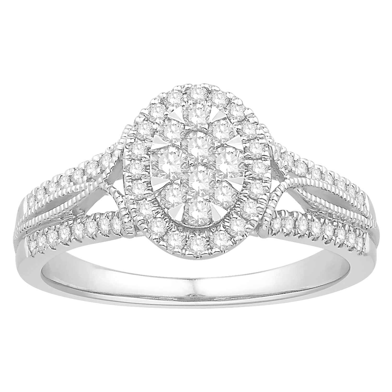 1/2 ct. tw. Oval Cluster with Halo Diamond Engagement Ring with Double Pave Diamond Band in 10K White Gold