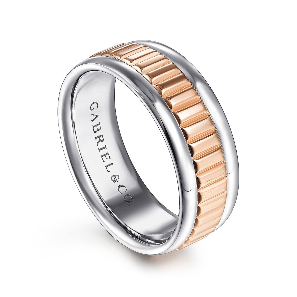 Gabriel & Co. Allan Men's 8mm Ridged Center Wedding Ring in 14K Pink & White Gold front view