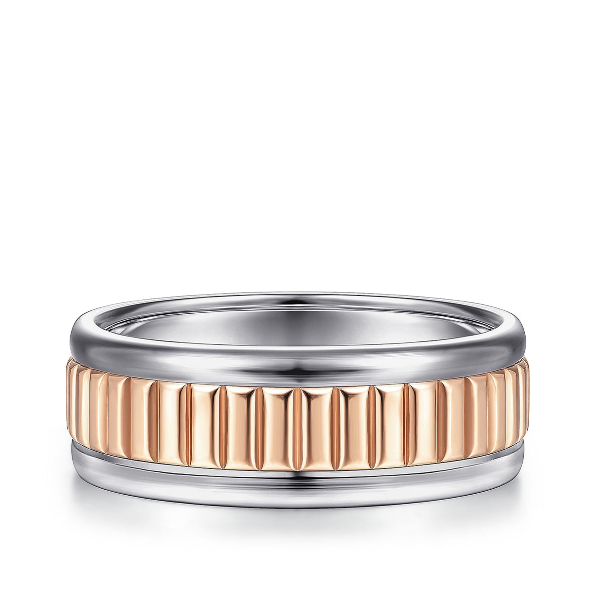 Gabriel & Co. Allan Men's 8mm Ridged Center Wedding Ring in 14K Pink & White Gold