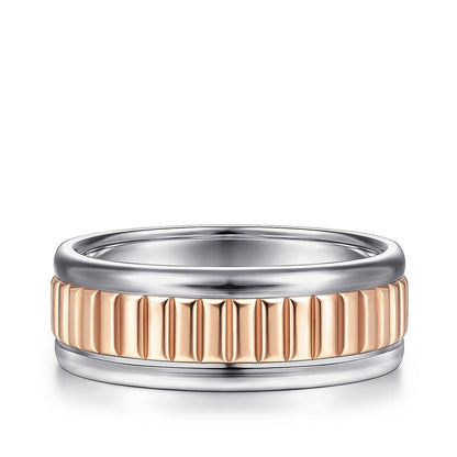 Gabriel & Co. Allan Men's 8mm Ridged Center Wedding Ring in 14K Pink & White Gold